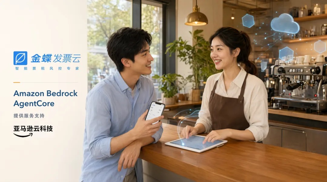 金蝶发票云与 Amazon Bedrock AgentCore 客户案例宣传图，展示客户服务场景。