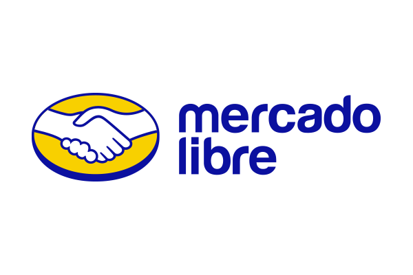 Logo of Mercado Libre featuring a handshake inside a yellow oval and the company name in blue text.