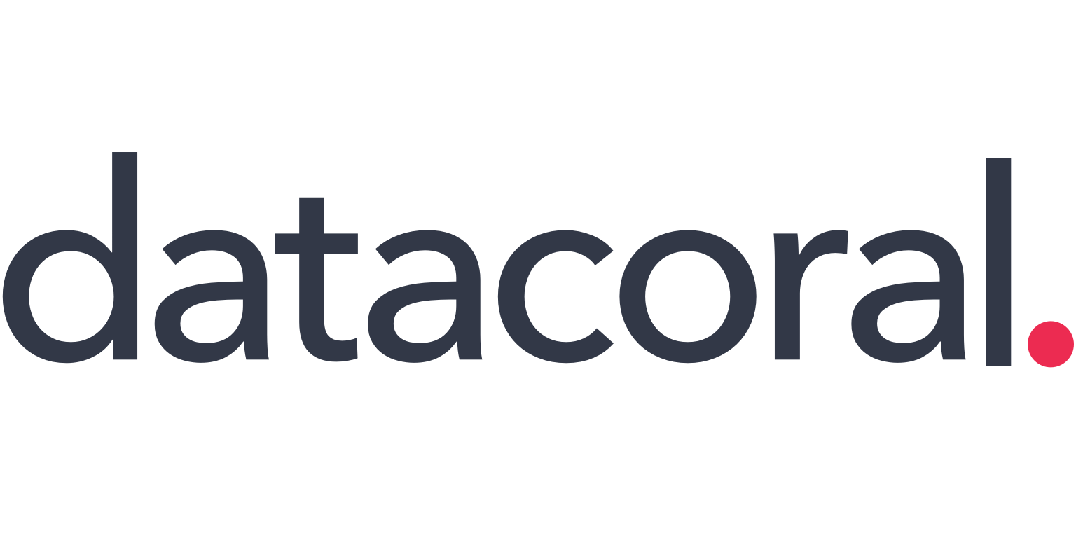 The Datacoral logo in dark text with a red dot at the end, shown on a transparent background.