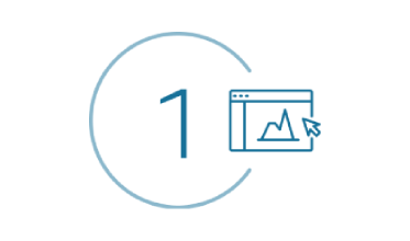 Icon showing the number 1 in a circle with a web analytics dashboard graphic, representing step 1 in an embedded analytics process.