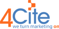 4Cite company logo in orange and blue colors, featuring the tagline 'we turn marketing on'.
