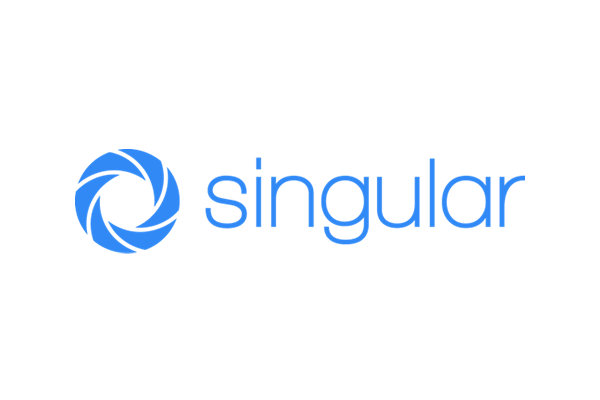 Singular company logo in blue with a transparent background.