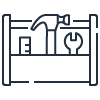 Line art icon of a toolbox containing a hammer, a wrench, and other tools, representing toolkits or utilities, often used to symbolize database management or maintenance in a relational database context.