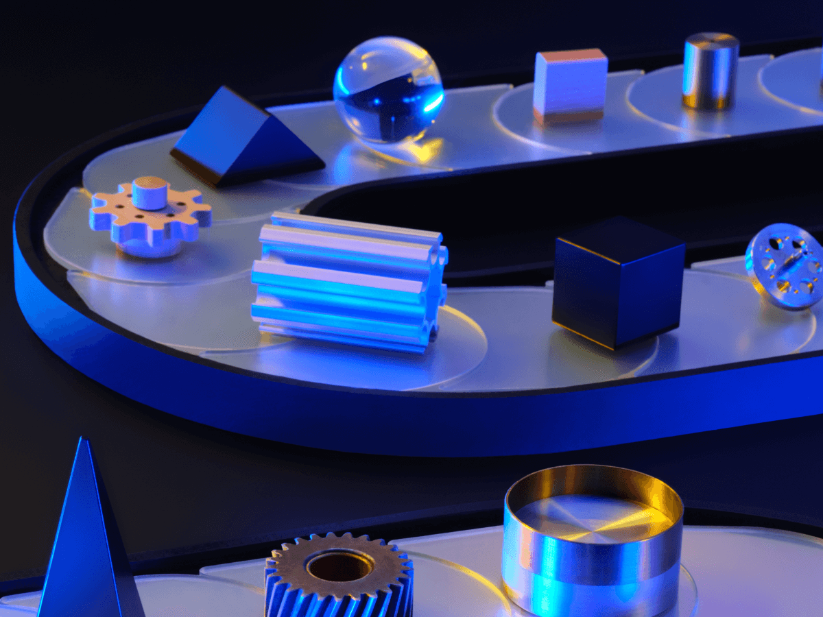 Abstract 3D objects arranged on a conveyor-like surface with various geometric shapes, gears, and metallic forms, representing AWS Elemental MediaConvert.