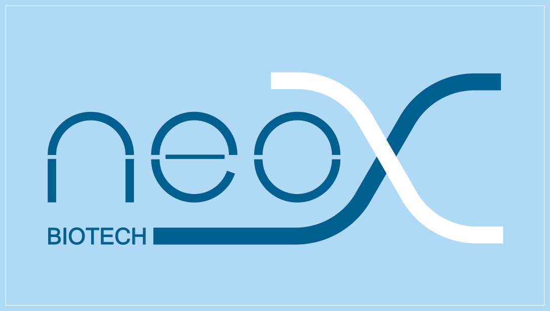 NeoX Biotech blue logo on a light blue background with stylized text and graphic design elements.