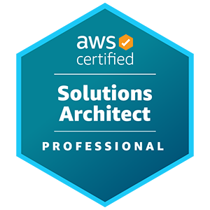AWS Certified Solutions Architect - Professional digital badge. The badge has a hexagonal shape with the text 'aws certified Solutions Architect PROFESSIONAL' on a blue background.
