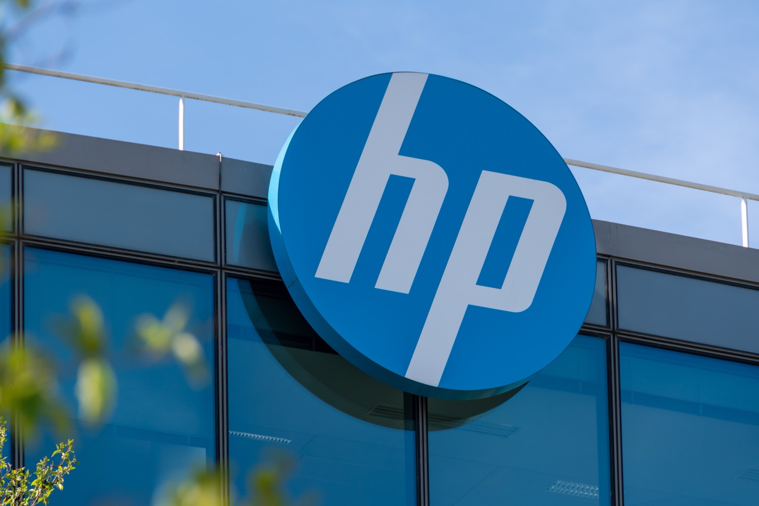Meudon, France - April 10, 2022: Logo on the headquarters building of Hewlett-Packard France (HP France), a subsidiary of the American computer company HP