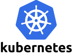 Logo of the Kubernetes cloud native platform, featuring a white ship wheel inside a blue hexagon.