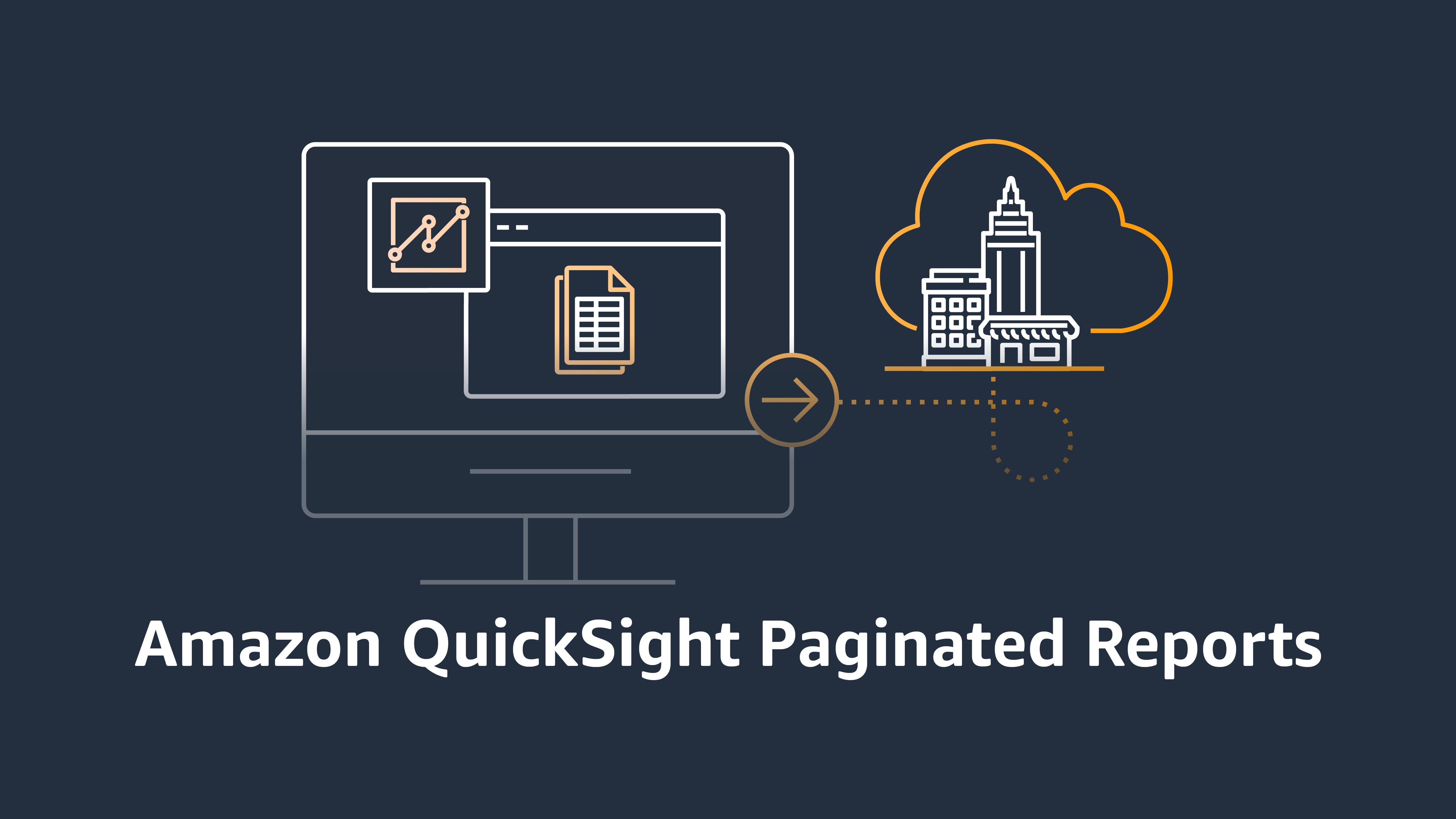 Illustration showing a computer monitor with analytics and report icons, a cloud, and city buildings, representing Amazon QuickSight Paginated Reports.