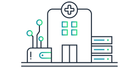 Illustration of a healthcare facility with digital technology and server elements, representing medical technology in business.