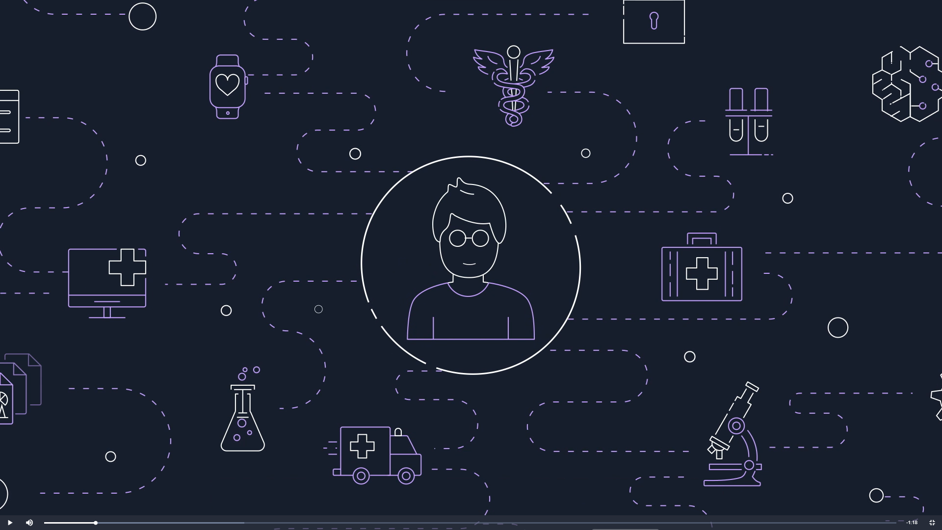 Line art illustration featuring healthcare technology icons such as a computer, smartwatch, ambulance, test tubes, medical bag, and microscope on a dark background, with a central figure representing a patient or user.