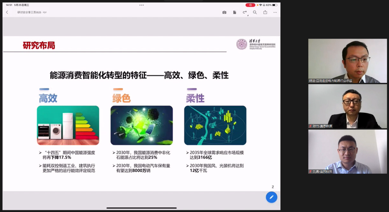 Webinar slide in Chinese presenting the characteristics of intelligent transformation in energy consumption: high efficiency, green, and flexibility. The slide includes visual icons for efficiency, green energy, and flexibility, along with three speaker video feeds on the side.