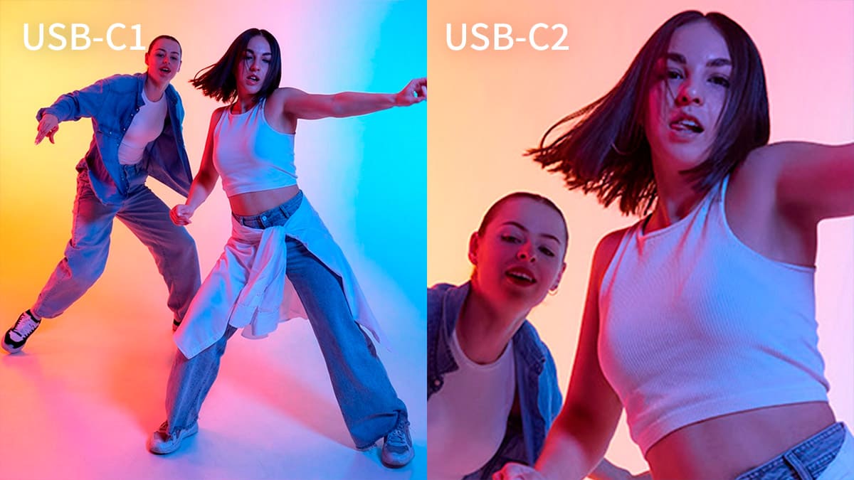 USB-C1 and USB-C2 sources active – split dual camera view, Mode indicator lit white